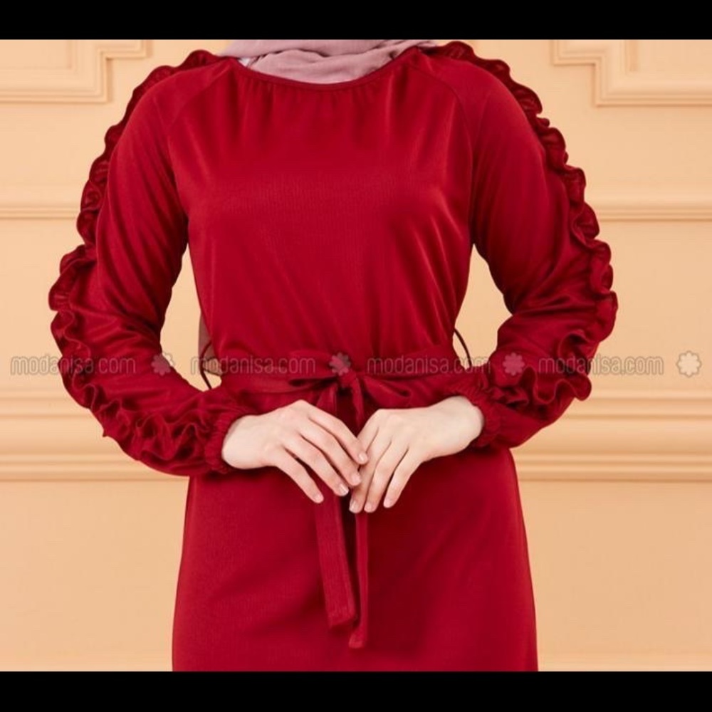 Red long dress .